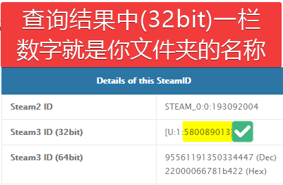 Steam3 ID (32bit)就是你文件夹的名称